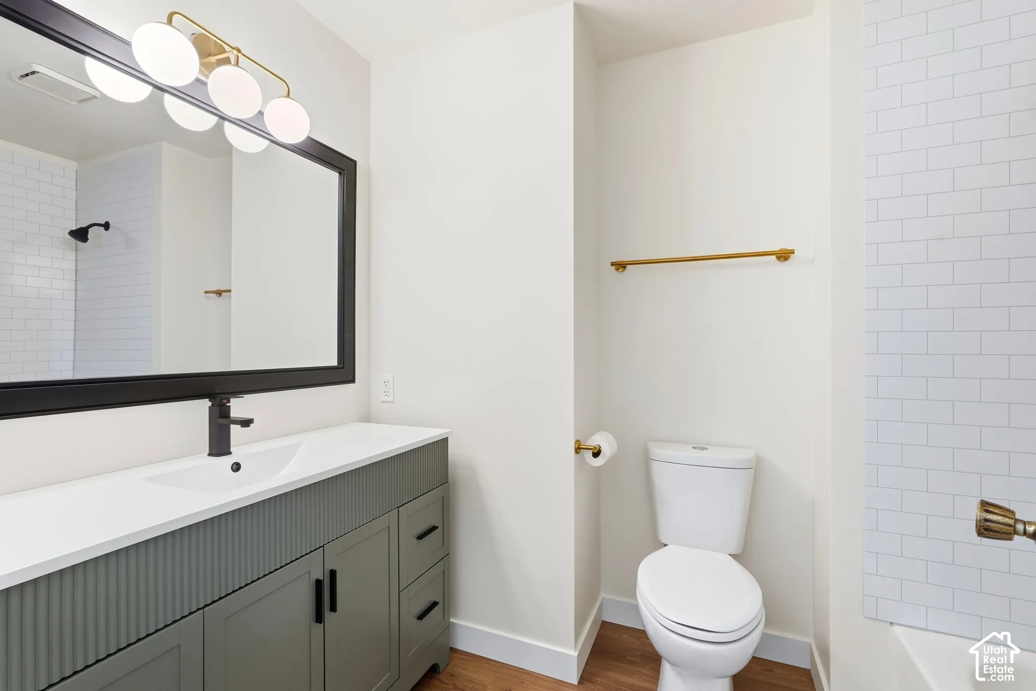 White vanity countertop with an integrated rectangular sink