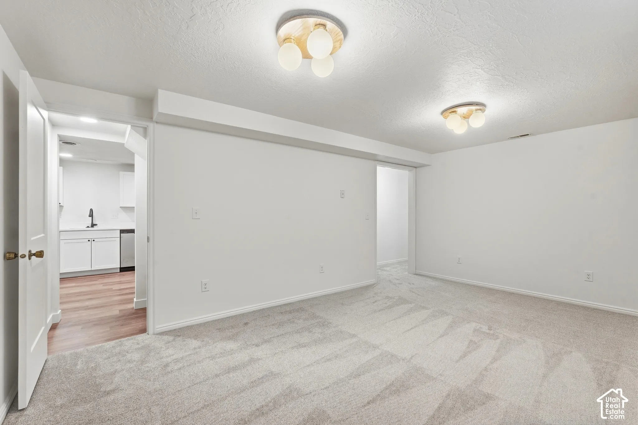 Light-toned carpeting, modern ceiling light fixtures, white walls, and a doorway opening to an area with wood-finish flooring and white cabinetry