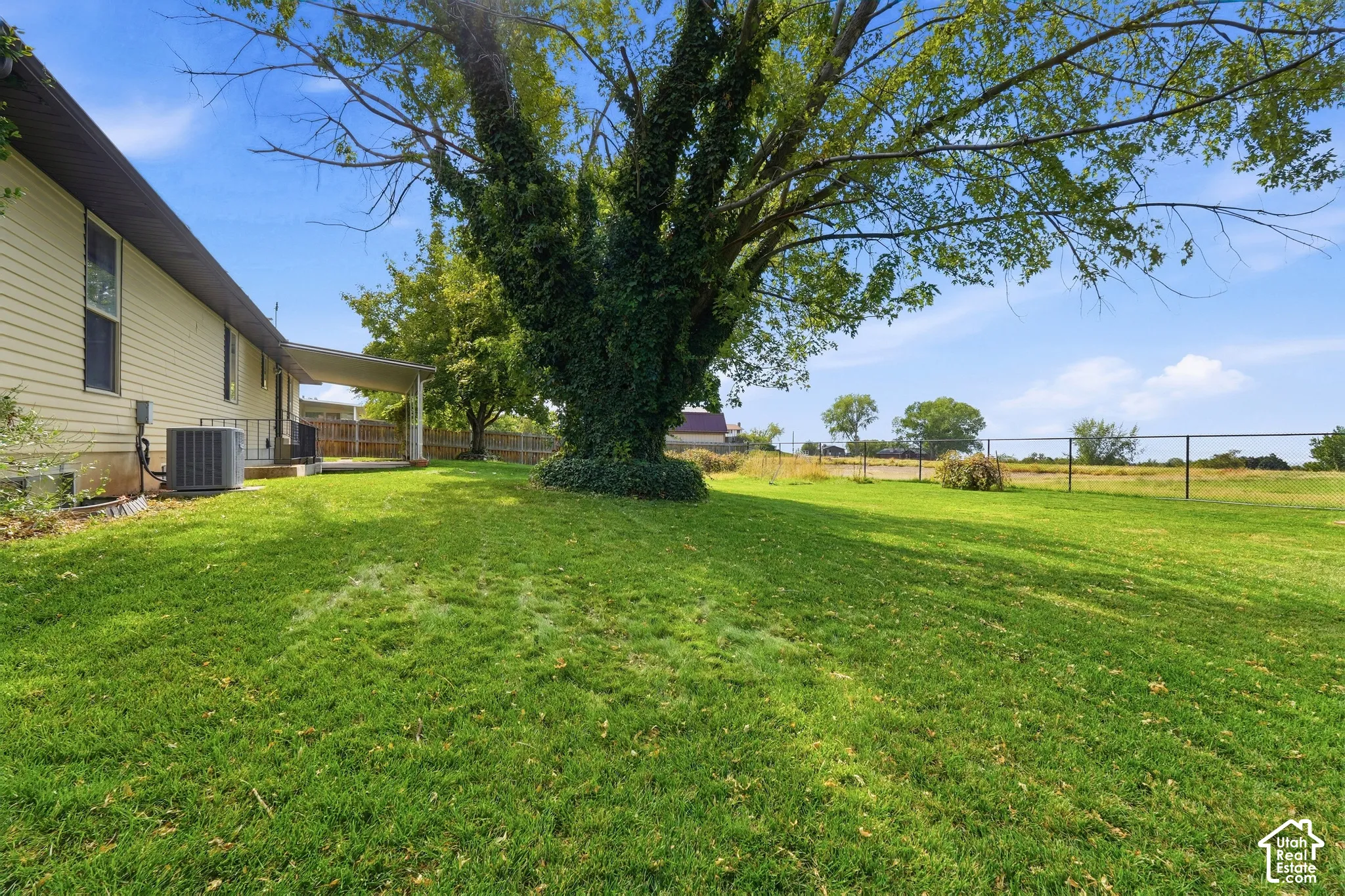 Expansive green lawn with a mature shade tree, featuring a covered patio and partial fencing
