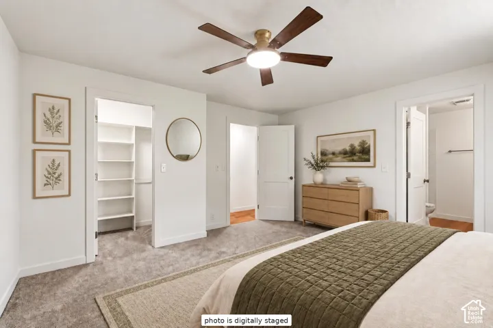 Neutral-toned carpeting, ceiling-mounted light fixture with a multi-blade fan, interior doorways with panelled doors, and walk-in storage area featuring built-in shelving