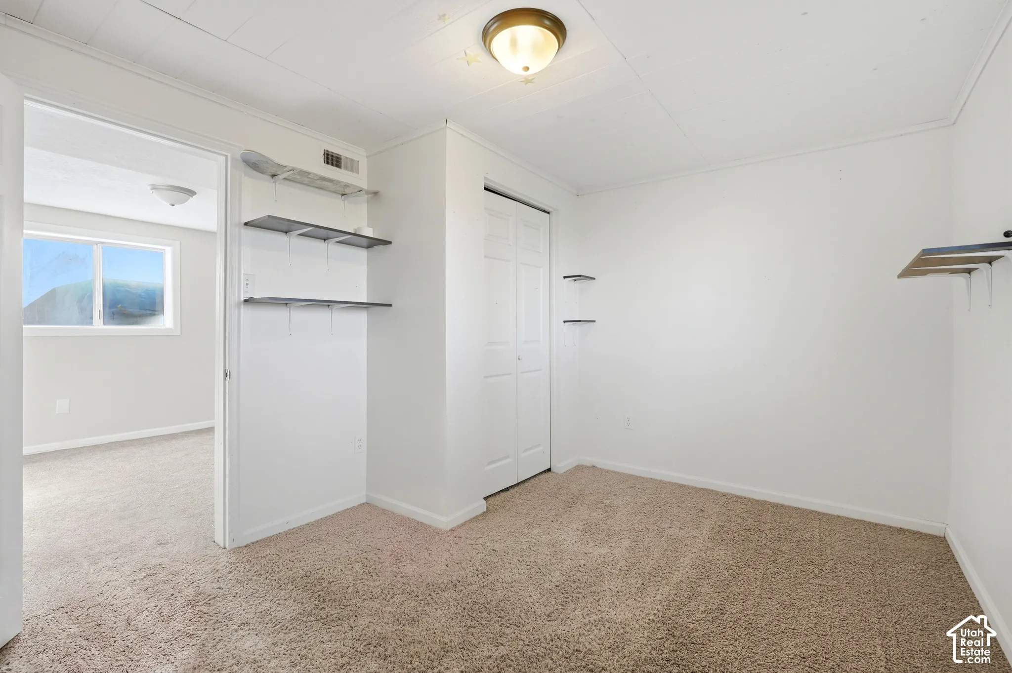 Carpeted room with white walls, built-in shelving, and a bi-fold closet door