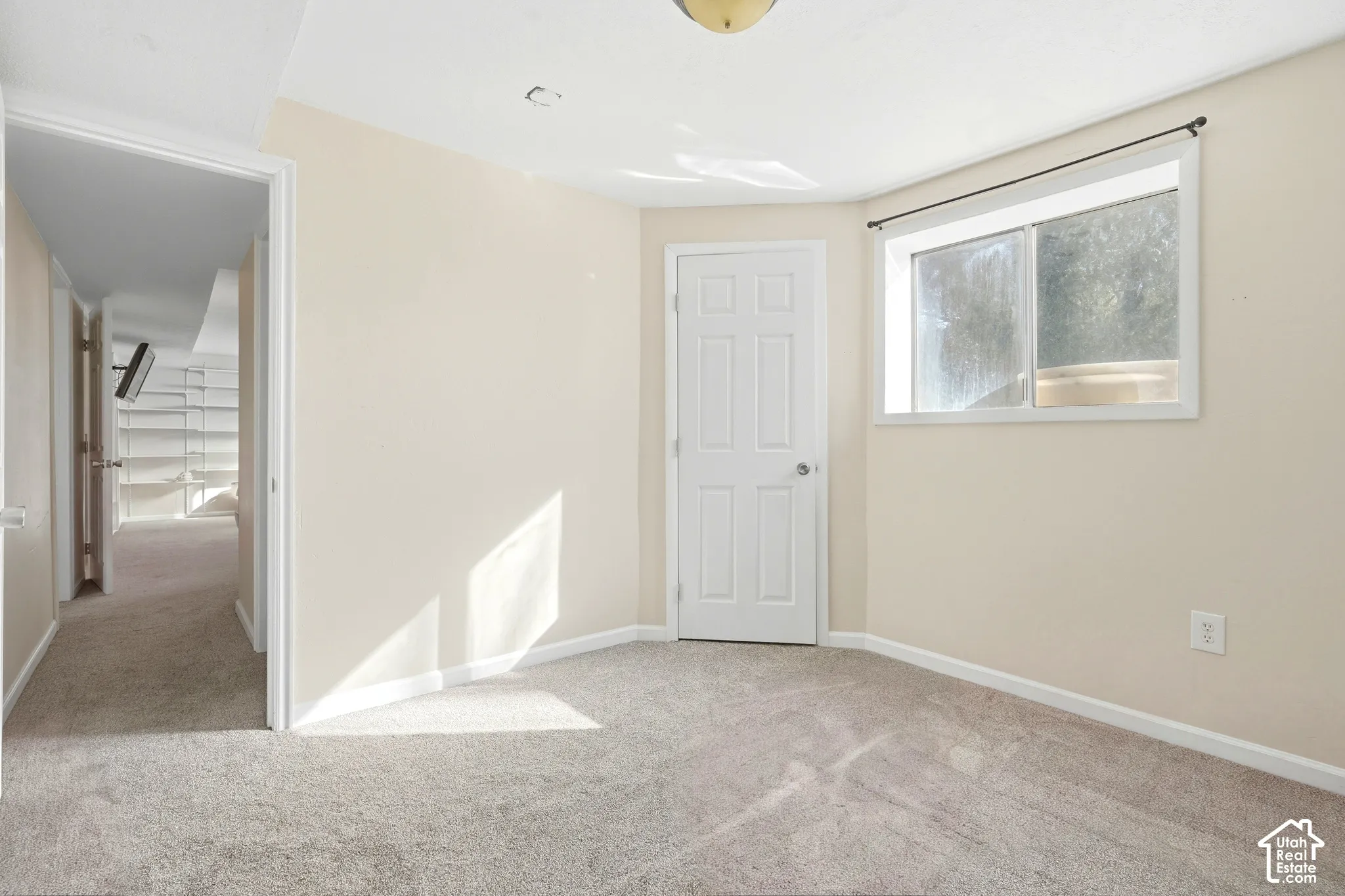 Light beige wall paint, light-colored carpeting, white trim, a white door, and a window with a dark curtain rod