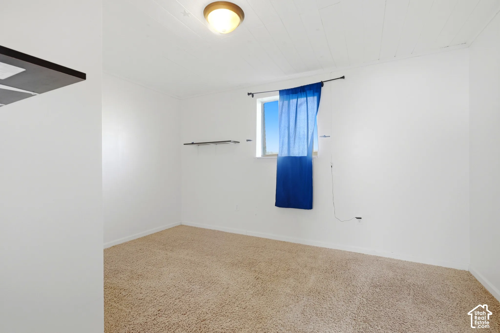 Neutral-toned carpeting paired with white walls, featuring a window and a ceiling-mounted light fixture