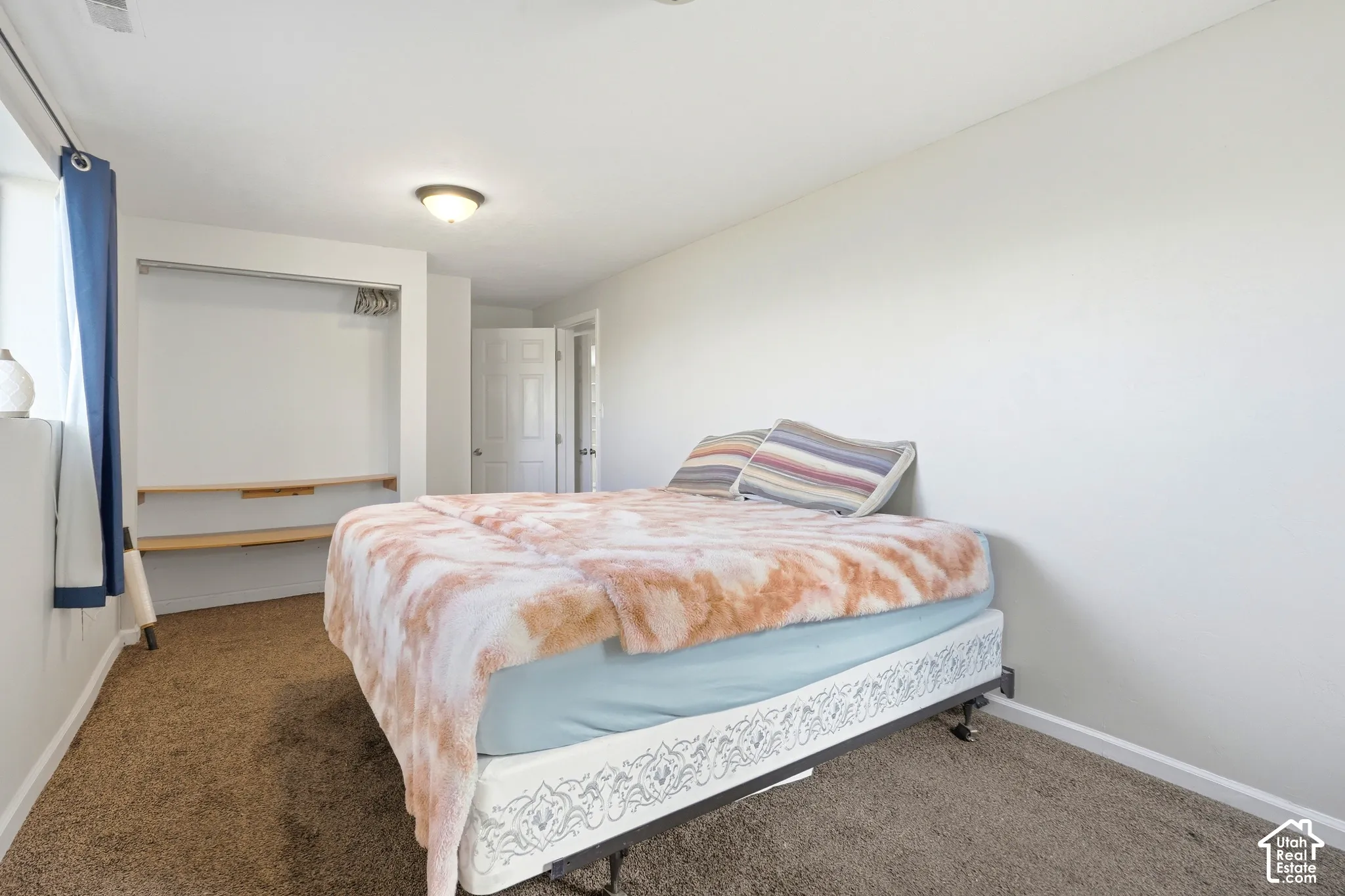 White walls, recessed clothing rack, dual wooden shelving, carpeted flooring, and a flush mount ceiling light fixture