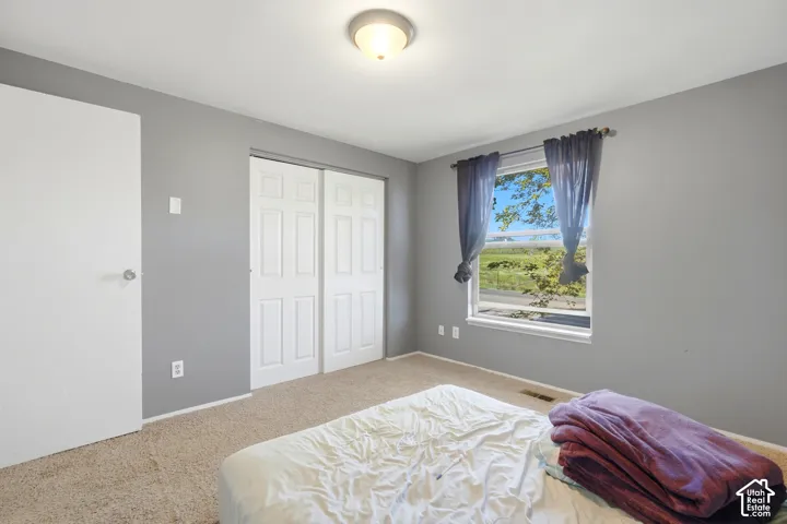 Wall-to-wall carpeting with light gray wall paint, white trim, and a white ceiling