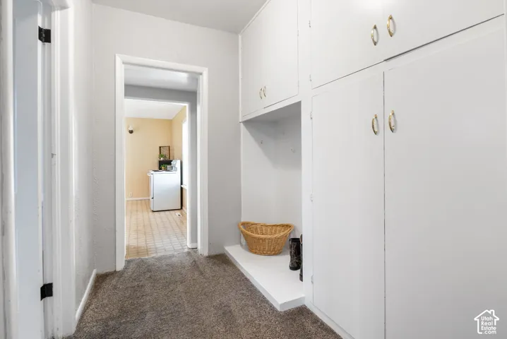 Built-in cabinetry with brass hardware, integrated shelving, and gray carpet flooring