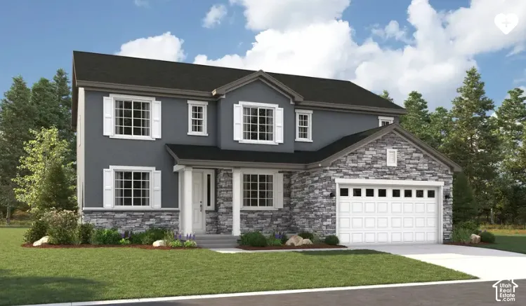 Two-story residence, but this will have a white facade, gray stone veneer detailing, white window shutters, and a THREE-car garage, and landscaped front yard.