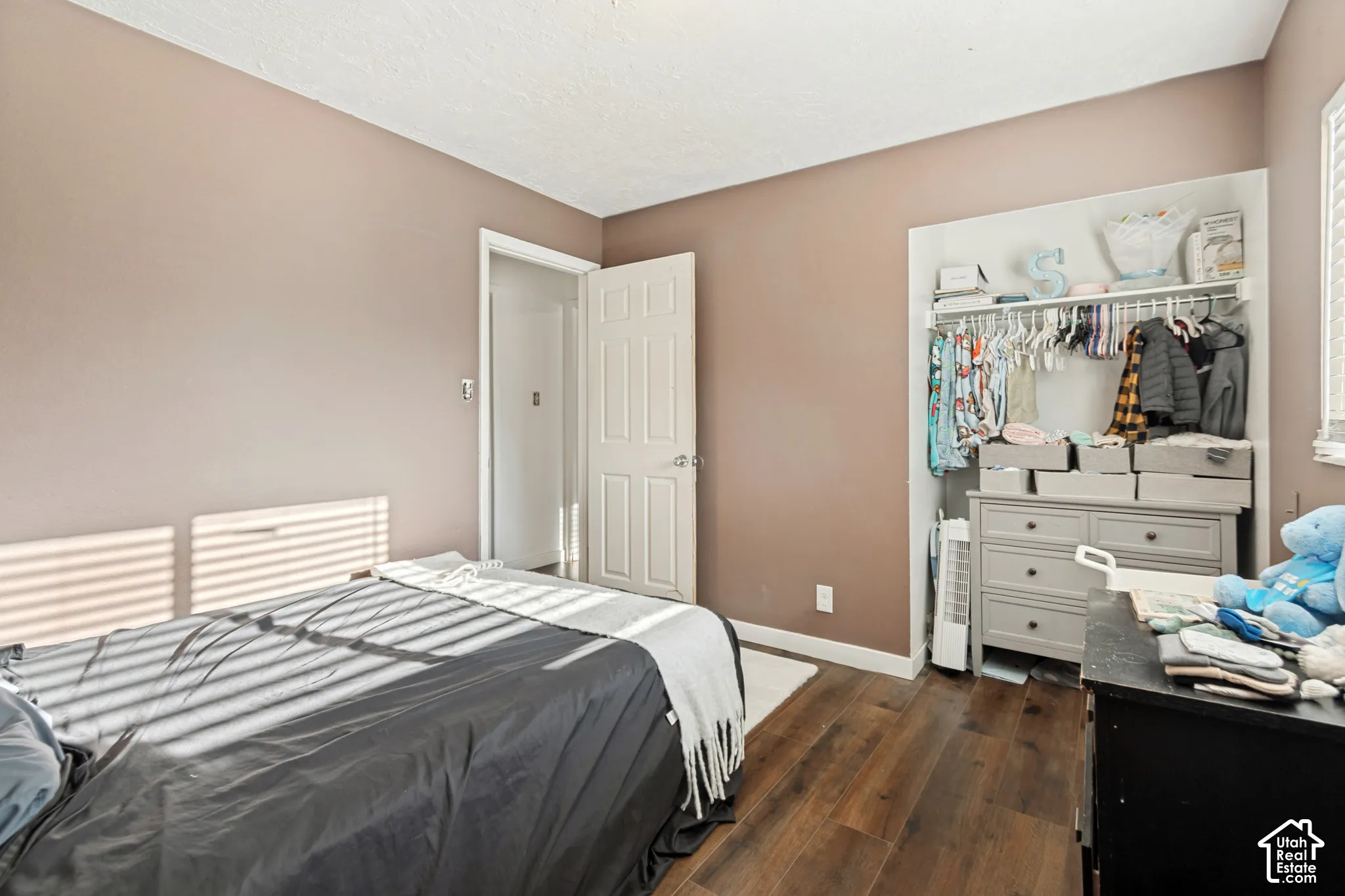 Wood-finish flooring, neutral wall paint, white trim, and a built-in closet system