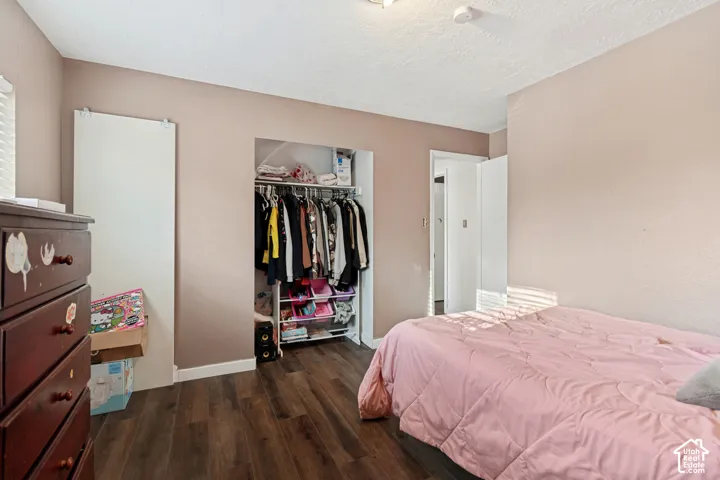 Wood-finish flooring with a neutral wall color, featuring a built-in closet with shelving and hanging rods