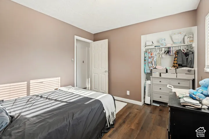 Wood-finish flooring, neutral wall paint, white trim, and a built-in closet system