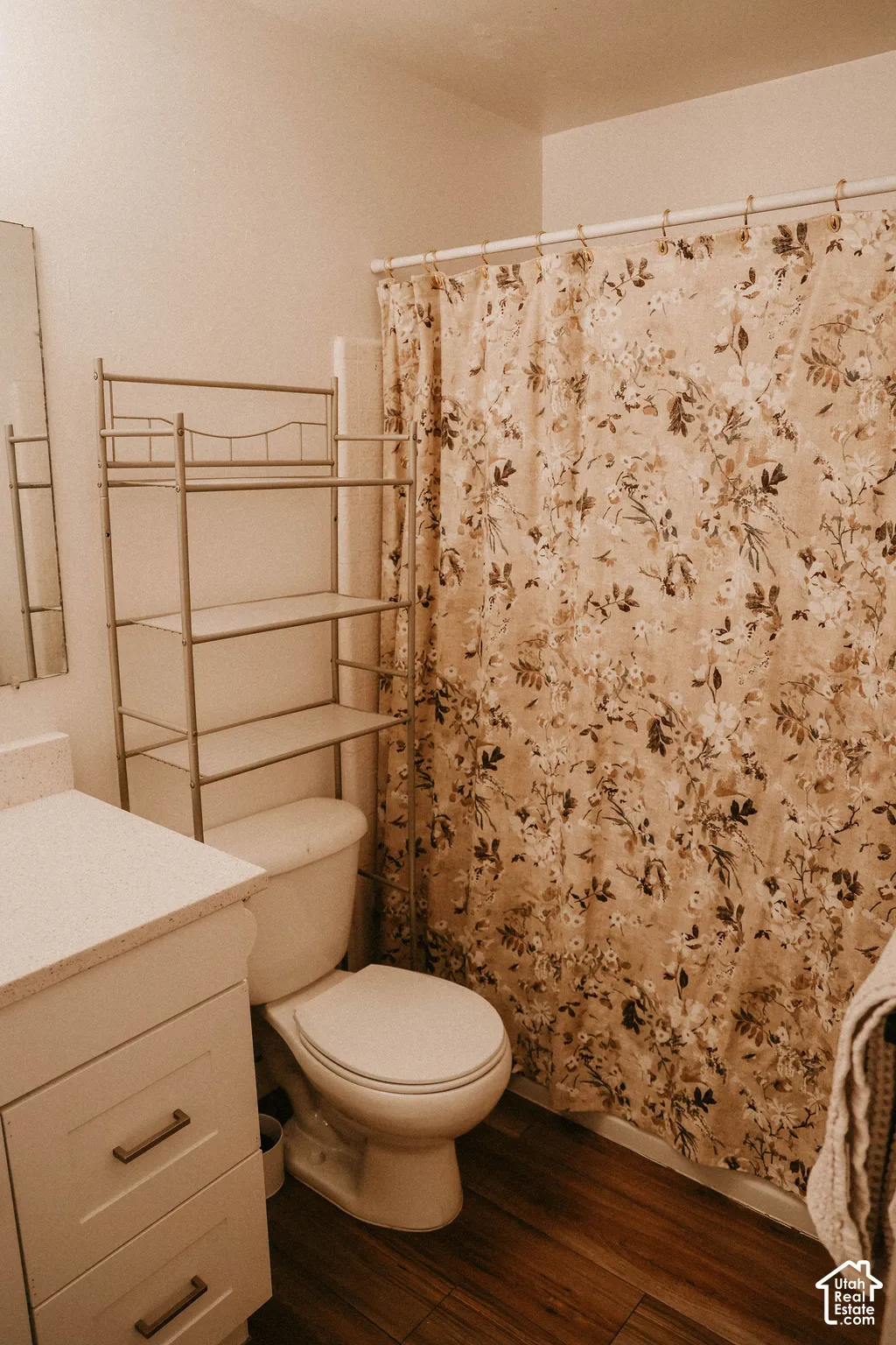 Wood-finish flooring with a white vanity featuring a light-colored countertop