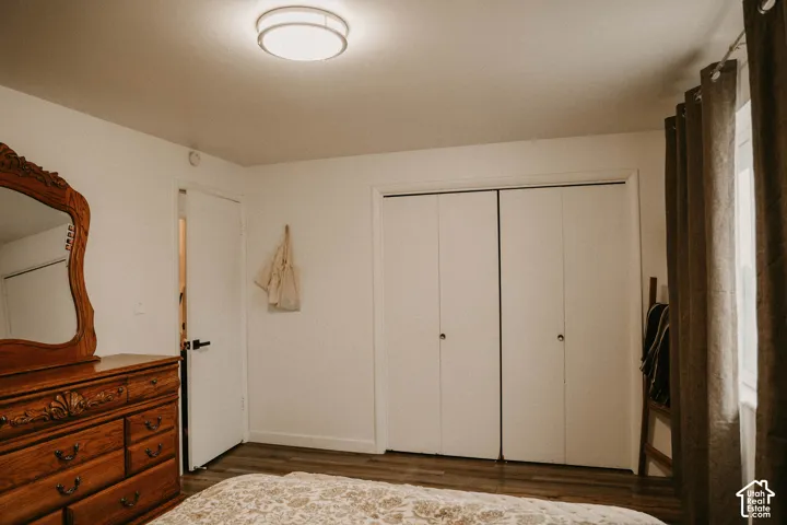 Wood-finish flooring, white walls, flush mount ceiling light, and closet with bi-fold doors