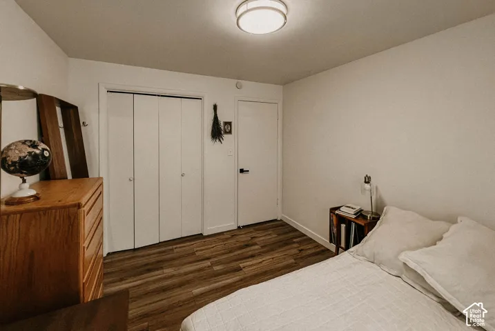 Wood-finish flooring throughout, white walls, flush mount ceiling light, and bi-fold closet doors
