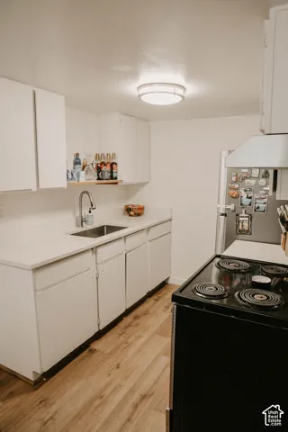 White cabinetry, wood-finish flooring, stainless steel sink, and built-in overhead lighting