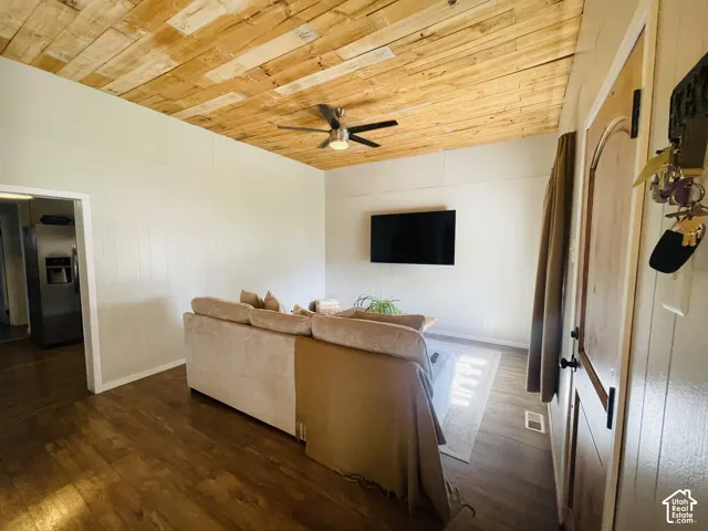 Wood-finish flooring, wood plank ceiling, and a ceiling fan with integrated lighting