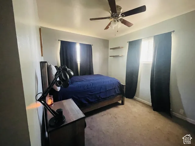 Ceiling fan with integrated lighting, two windows with blinds, two wall-mounted floating shelves, and carpeted flooring