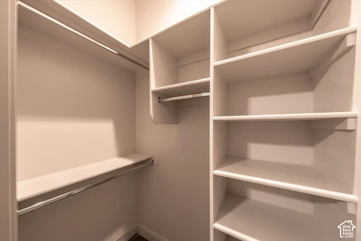 Built-in closet shelving, multiple hanging rods, and integrated overhead lighting