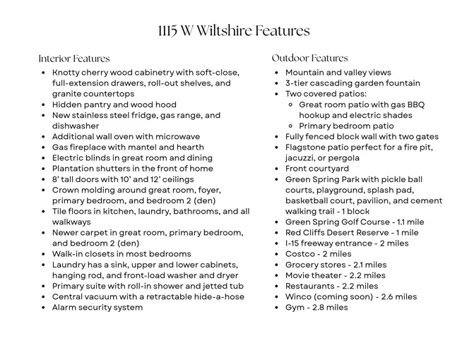 Property Feature List. Detailing interior and exterior specifications of the property, including nearby amenities and distances