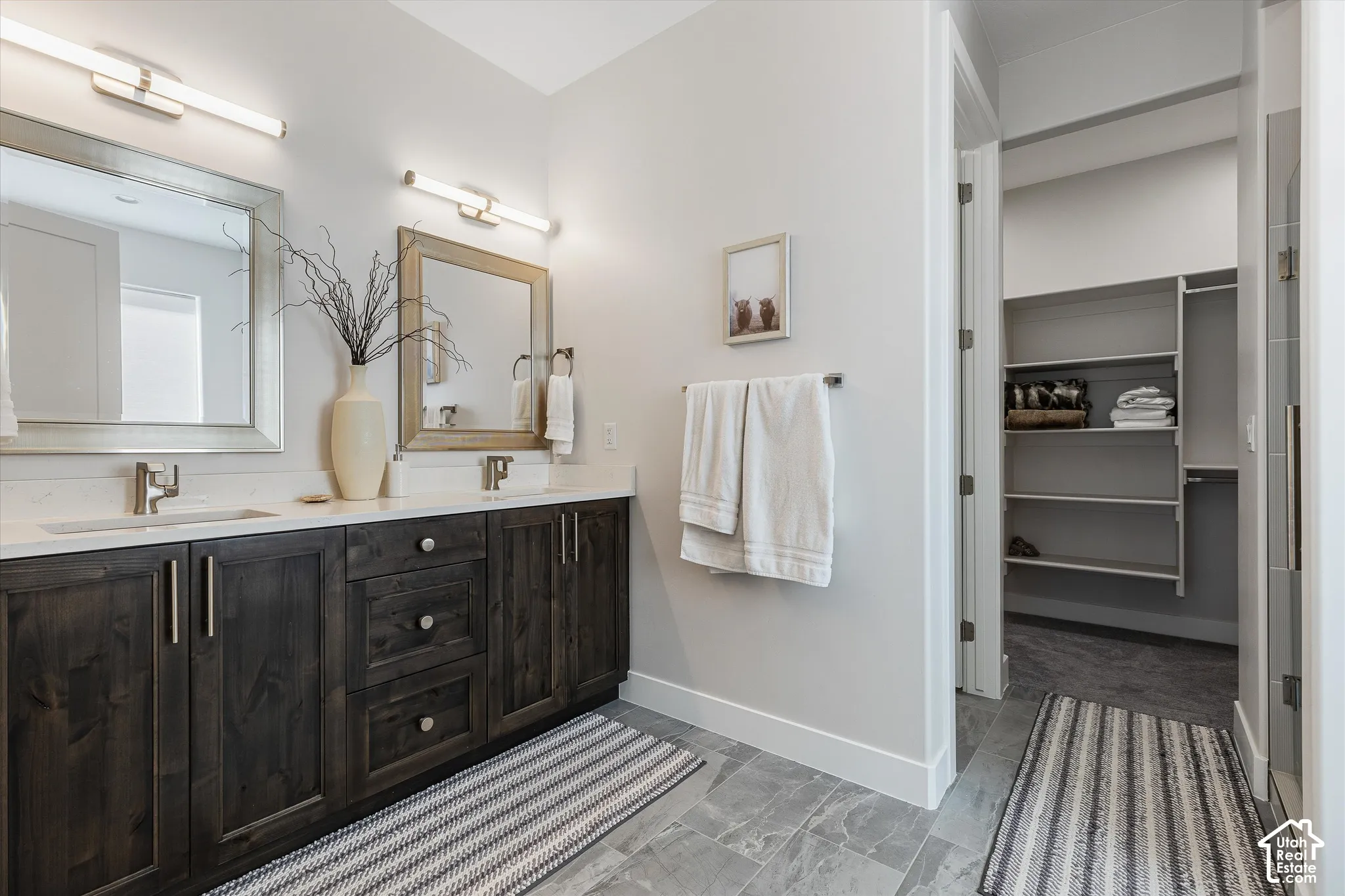 Dual vanity with wood-finish cabinetry, light countertops, and undermount sinks