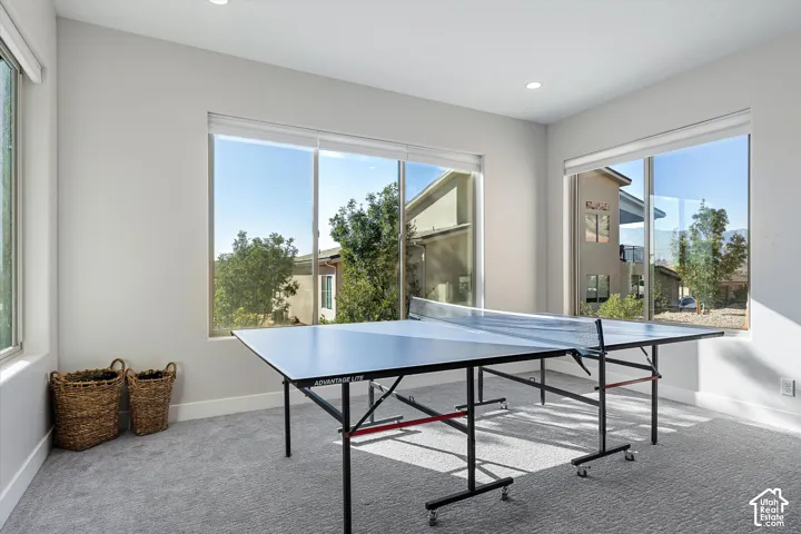 Recessed lighting, large windows, light gray walls, gray carpeting
