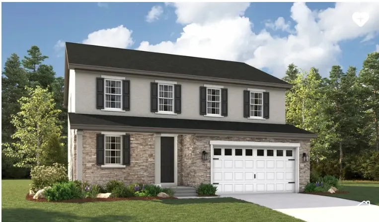 Two-story residence featuring a stone and stucco exterior, dark shutters, an attached garage, and a paved driveway