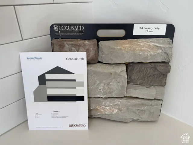 Material Selection Samples. exterior stone and paint scheme Chosen for this home.