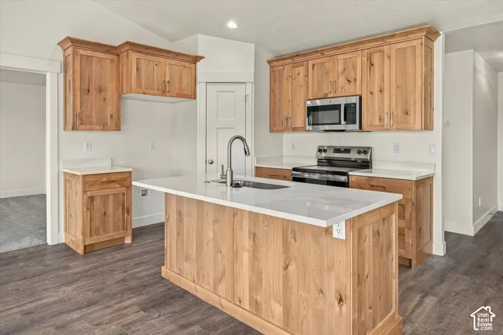 Kitchen featuring wood-finish cabinetry, white countertops, stainless steel appliances, and wood-finish flooring