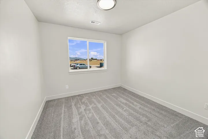 Bright interior space featuring a window with a mountain backdrop, neutral-toned walls, gray carpeting, and a flush-mount ceiling light