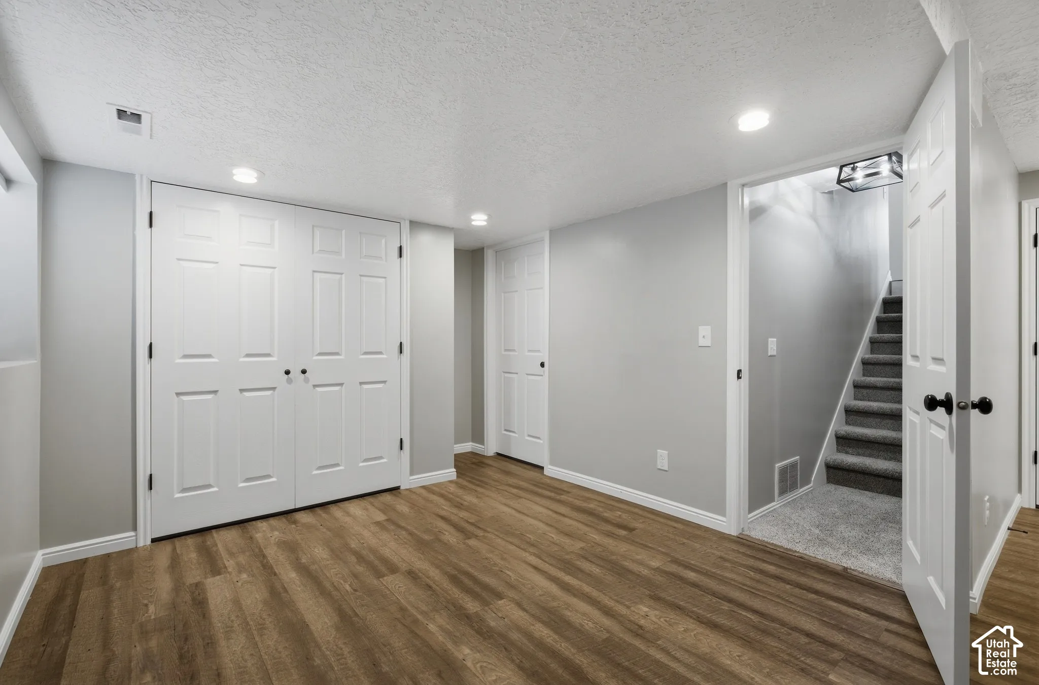Wood-finish flooring, recessed ceiling lights, paneled doors, and painted walls