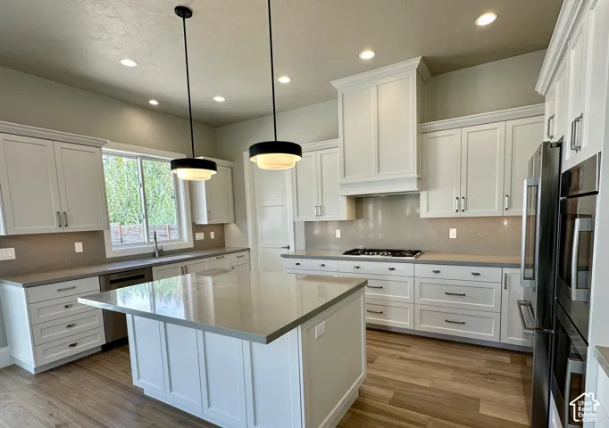 Gourmet kitchen with wood-finish flooring, white cabinetry, a center island, recessed lighting, and stainless steel appliances