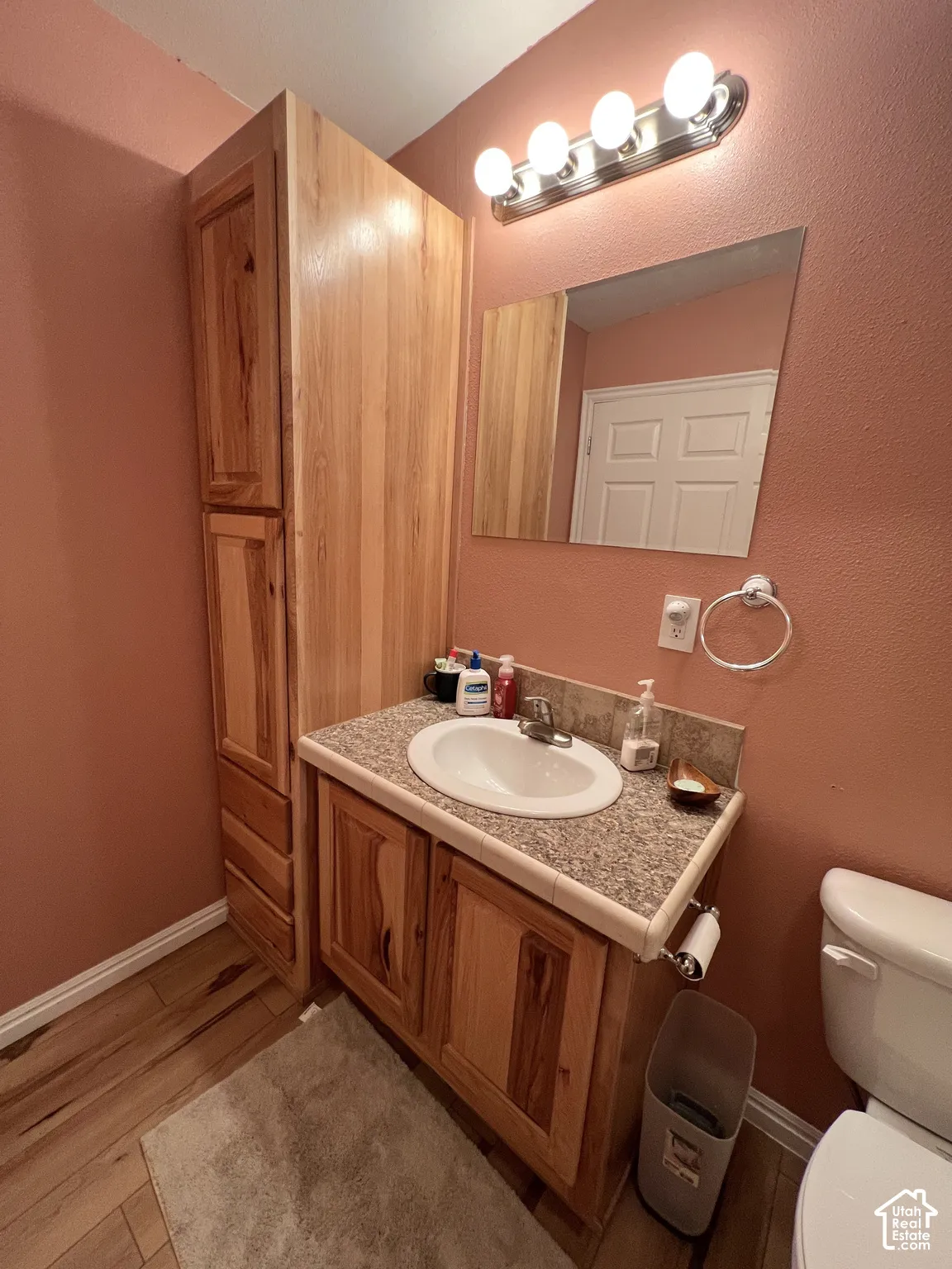 Bathroom featuring a vanity with an integrated sink, wood-finish cabinetry, a tall storage cabinet, a wall-mounted mirror, and wood-finish flooring