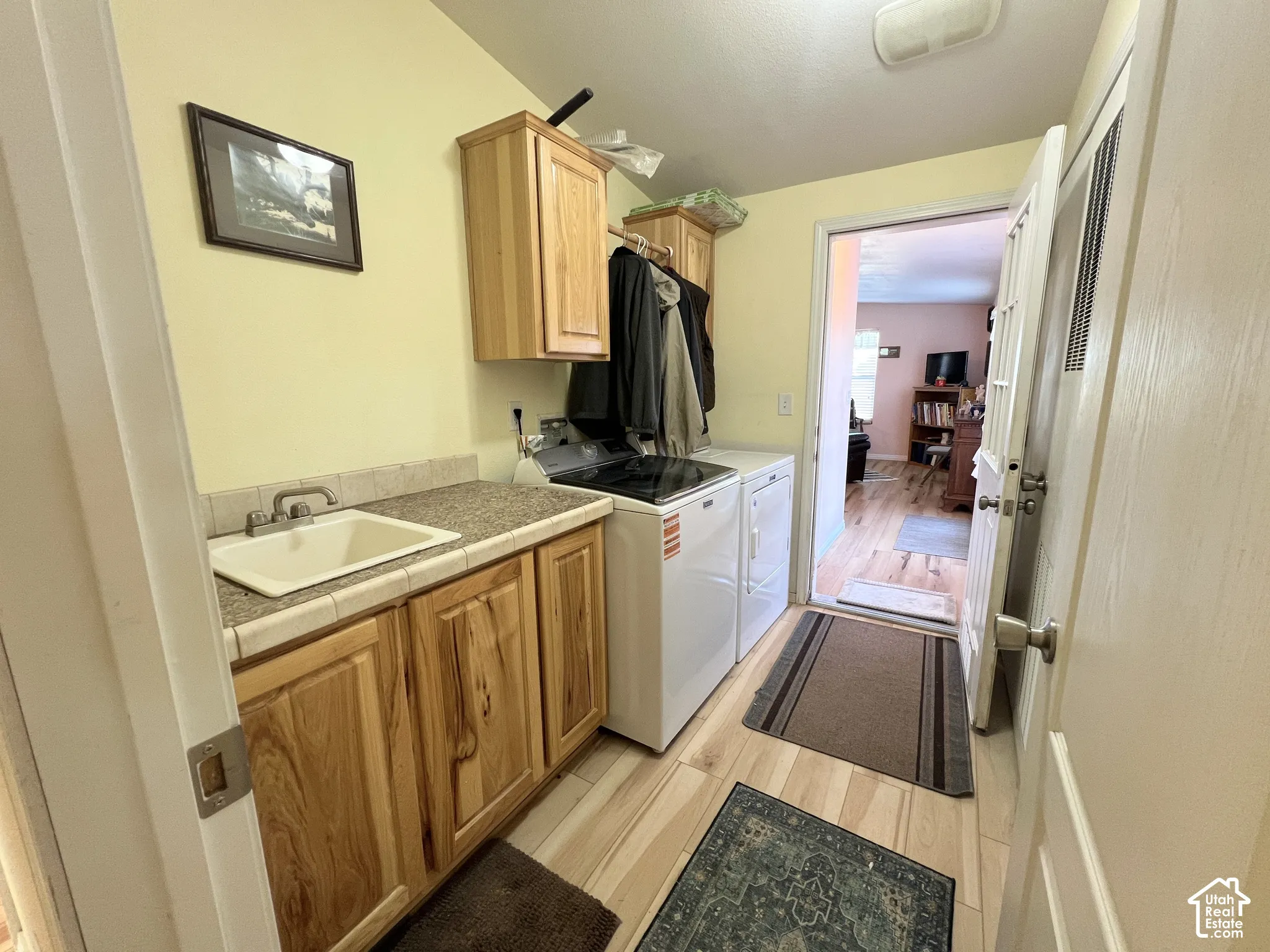 Laundry area with built-in cabinetry, integrated sink, and wood-finish flooring