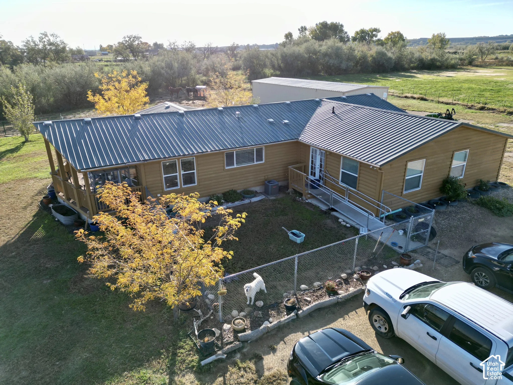 Single-story structure with a metal roof, wood-look siding, and a covered porch