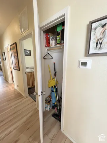 Recessed closet with built-in shelving, wood-finish flooring, and white trim