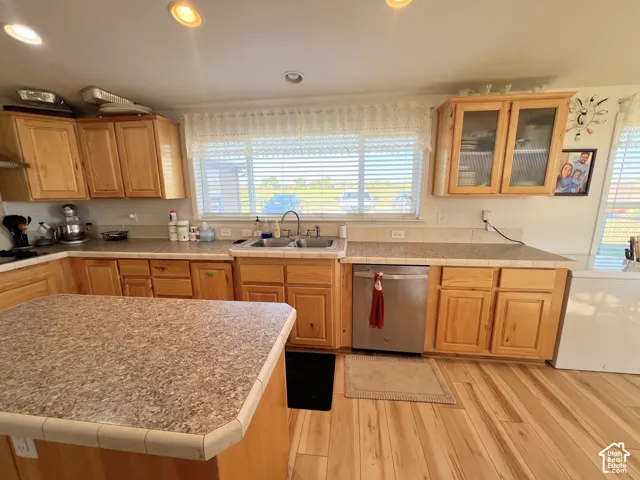 Kitchen featuring wood-finish flooring, recessed lighting, wood cabinetry, and a stainless steel dishwasher