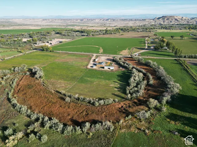 Expansive green fields, mature trees bordering a natural waterway, and distant rolling hills