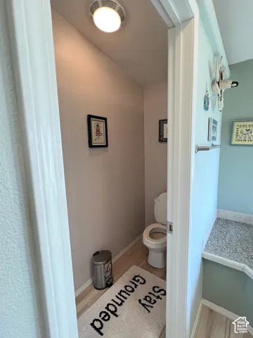 Recessed lighting fixture, light wood-finish flooring, and a white toilet