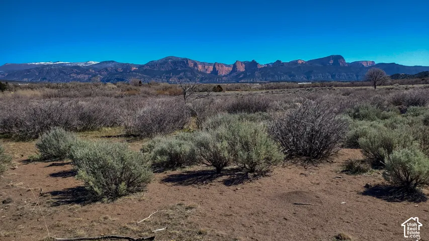 Expansive natural landscape featuring desert brush and a mountainous backdrop with snow-capped peaks