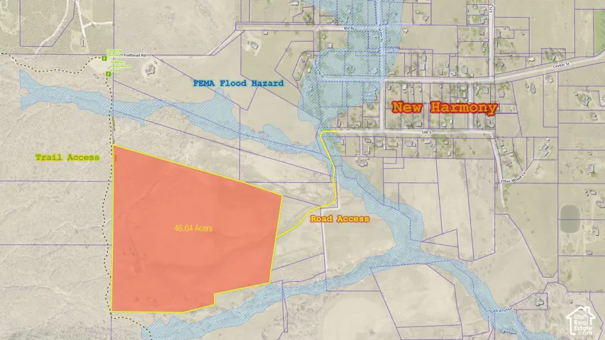 Property Map. Highlighting a 46.54-acre parcel, FEMA flood hazard areas, and access routes near New Harmony