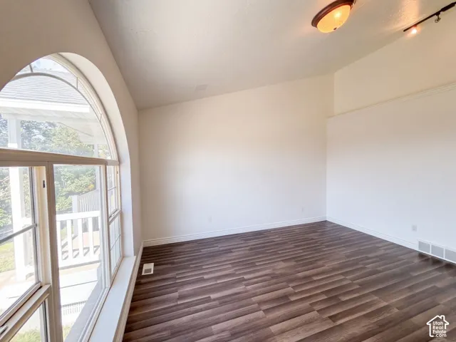 Arched window with exterior balcony access, wood-finish flooring, and track lighting