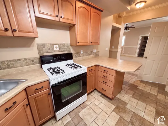 Functional kitchen featuring wood-finish cabinetry, a gas range, a mosaic tile backsplash, and a stainless steel sink