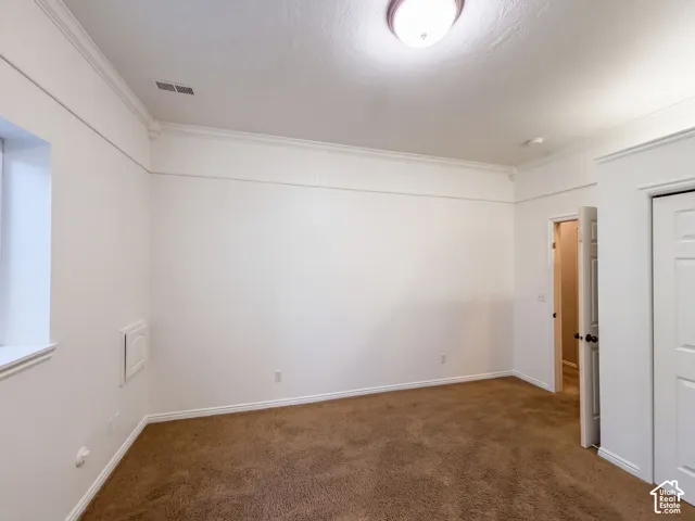 Recessed ceiling light, crown molding, white trim, wall paneling, and brown carpet flooring