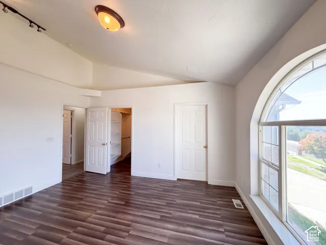 Arched window, wood-finish flooring, white paneled doors, built-in closet shelving, and a track lighting fixture