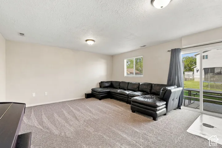 Spacious room featuring neutral-toned walls, gray patterned carpeting, and a sliding glass door providing exterior access