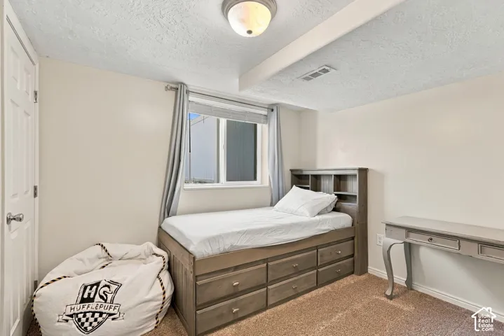 Neutral wall paint, textured ceiling, flush mount ceiling light, and a window with blinds