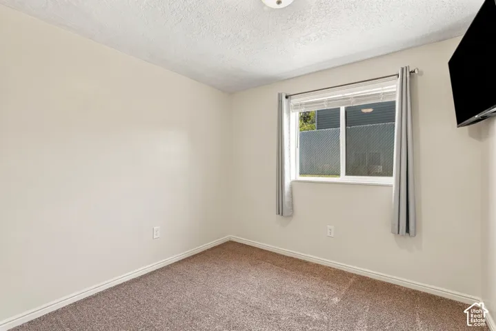Neutral wall paint, carpet flooring, and a single window with blinds