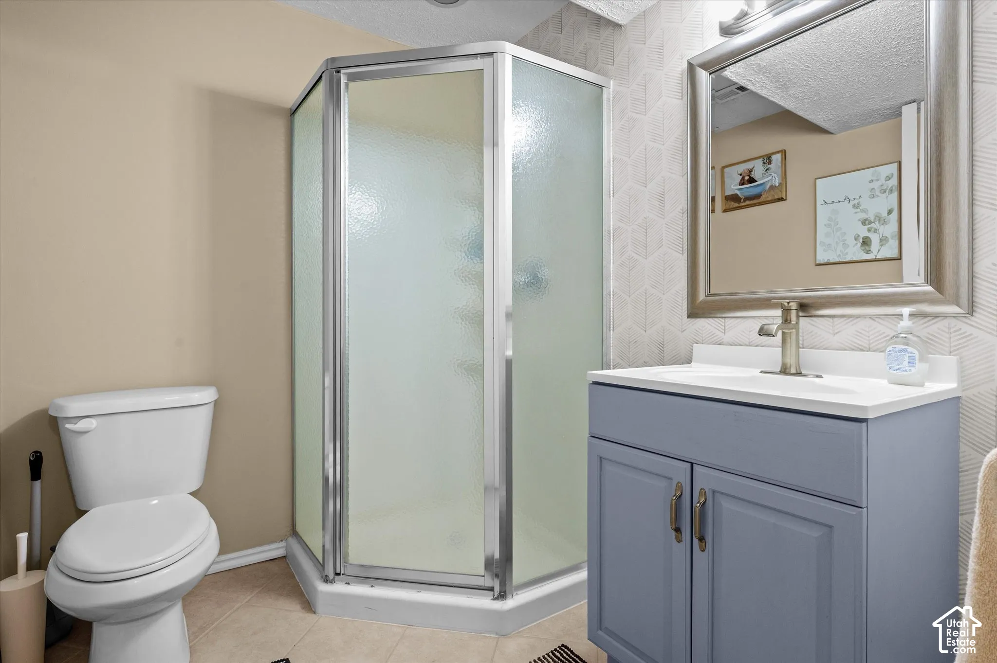 Corner shower enclosure with frosted glass panels, single vanity with a white countertop and gray cabinet, and a framed mirror