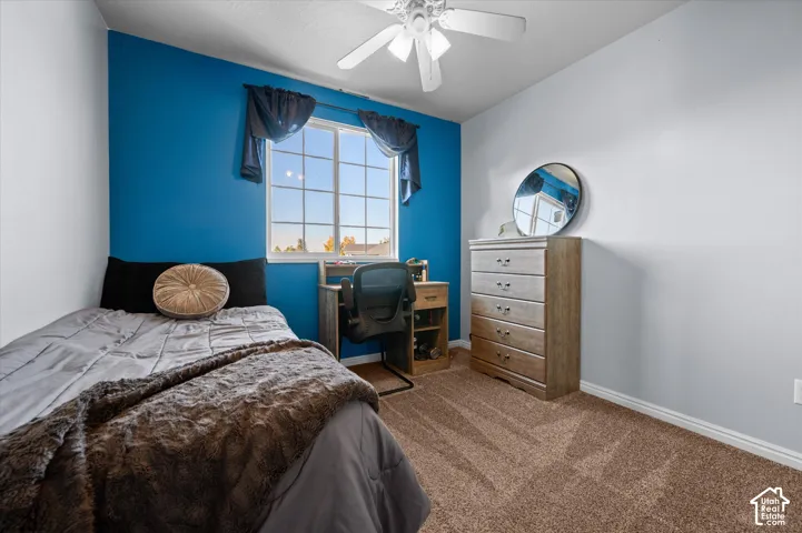 Carpeted flooring, ceiling fan, and a large window providing ambient light