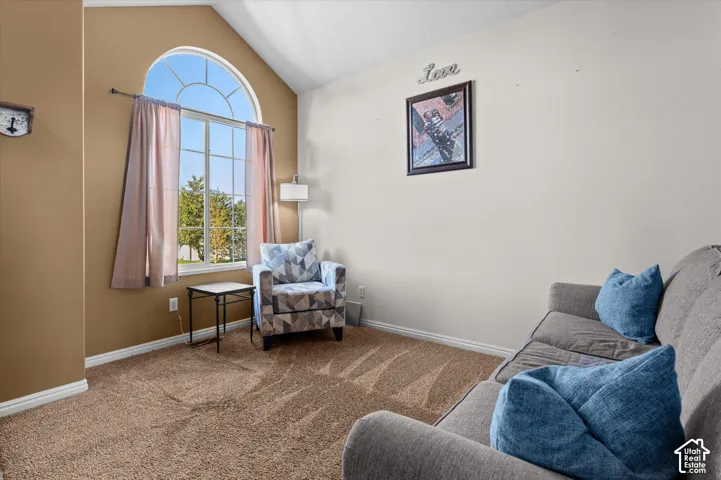 Arched transom window with grid, vaulted ceiling, and carpet flooring