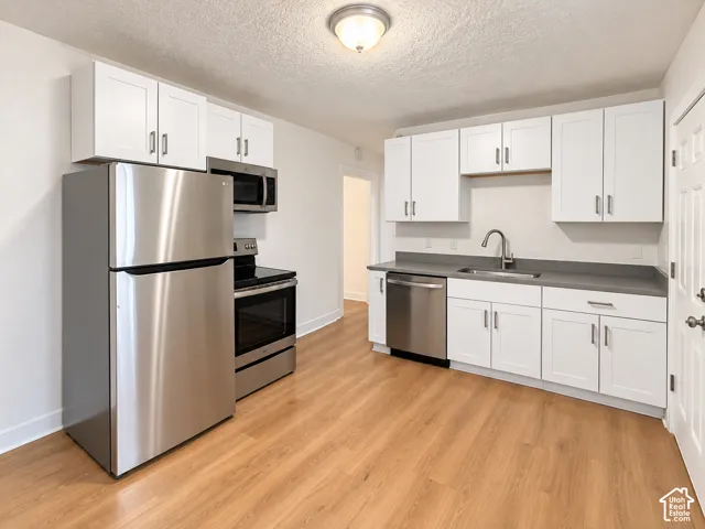 Kitchen featuring stainless steel appliances, wood-finish flooring, white cabinetry, dark countertops, and a single-basin sink with a gooseneck faucet